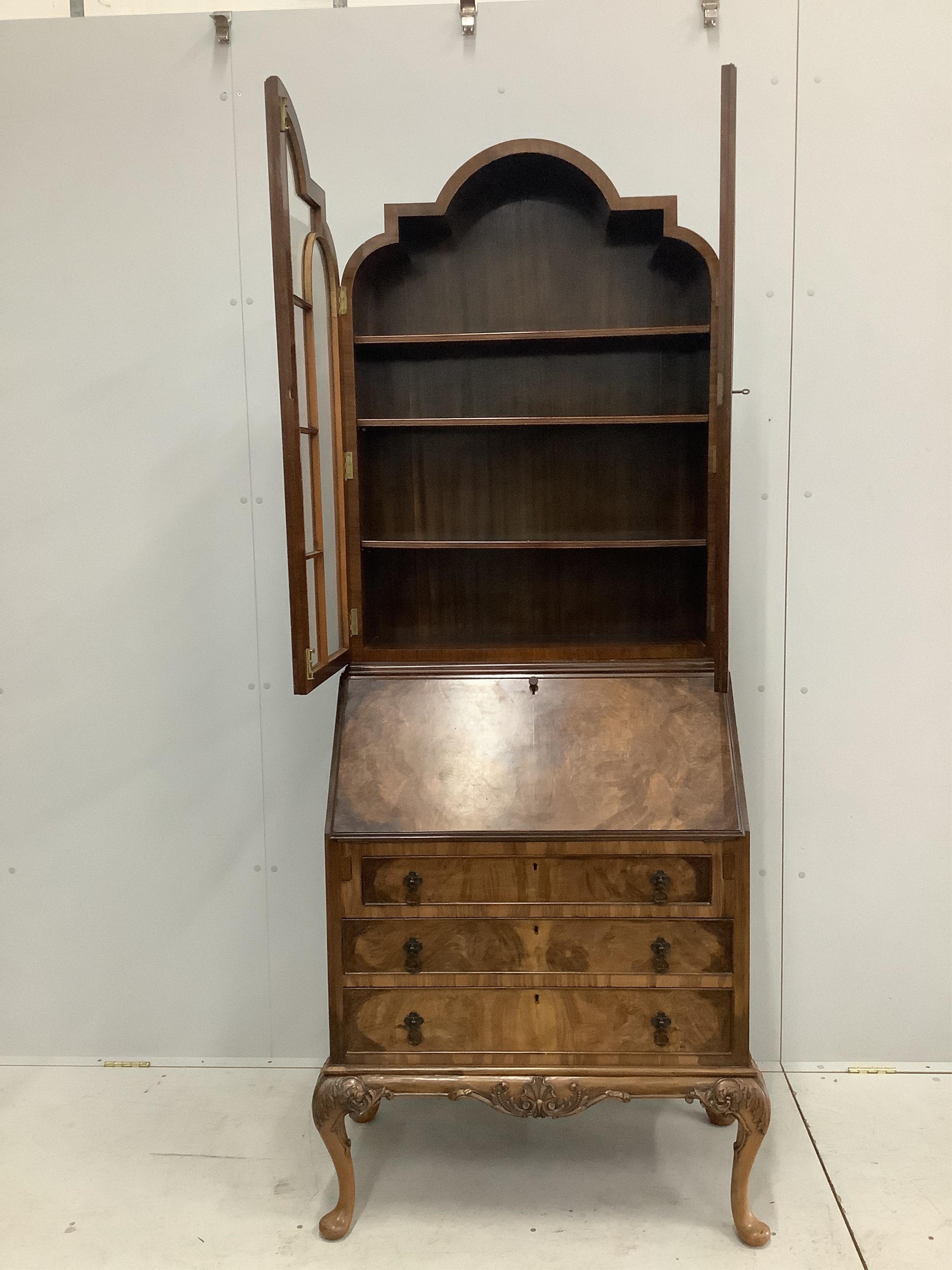 A Queen Anne Revival walnut and simulated walnut bureau bookcase, width 75cm, depth 48cm, height 200cm. Condition - fair